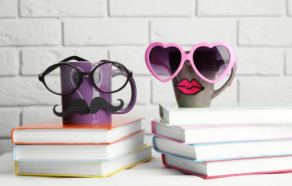 Books, coffee, glasses, mug, cup, lips, funny, glasses
