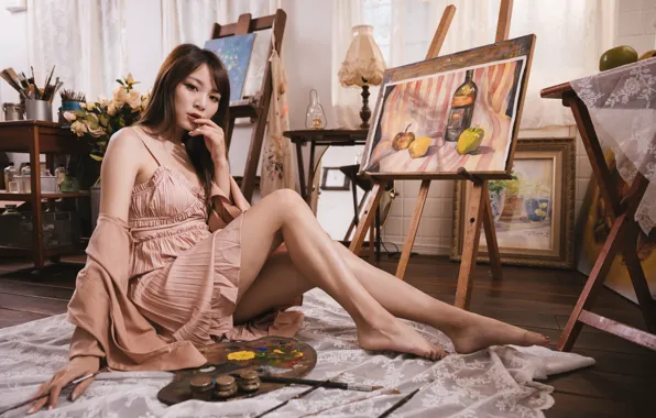 Picture girl, watercolor, Asian