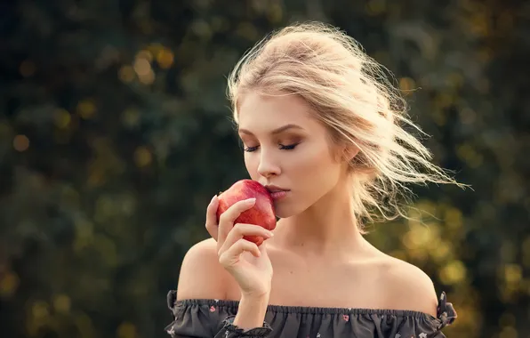Girl, nature, face, the wind, red, Apple, portrait, makeup
