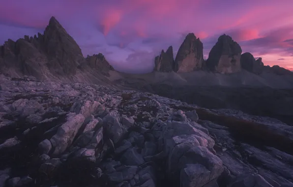 Clouds, mountains, stones, rocks, the evening, slope, twilight, lilac sky