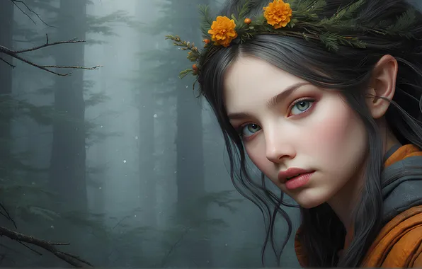 Forest, look, girl, trees, flowers, face, fog, portrait