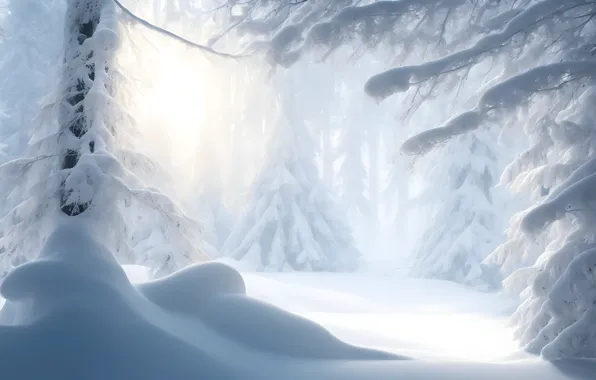 Frost, forest, light, snow, trees, branches, fog, lights