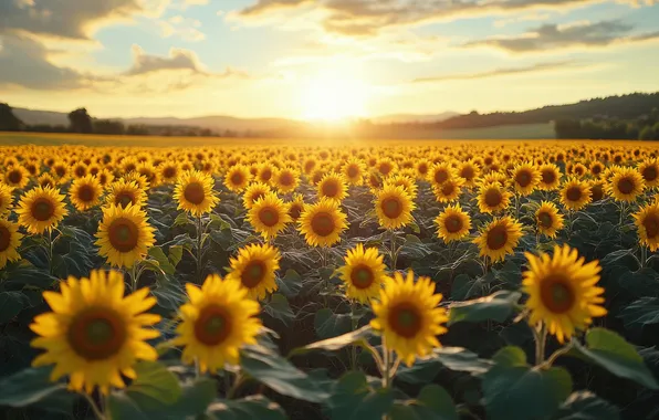 Field, summer, the sun, rays, light, sunflowers, flowers, dal