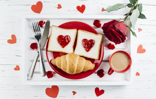 Picture love, flowers, heart, roses, Breakfast, petals, red, red