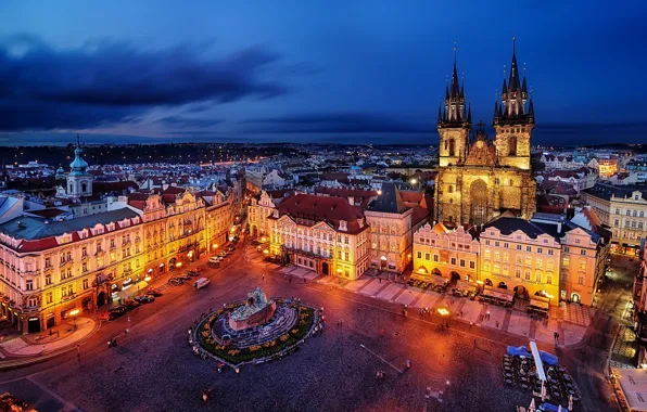 Picture the city, building, the evening, Prague, Czech Republic, lighting, area, architecture
