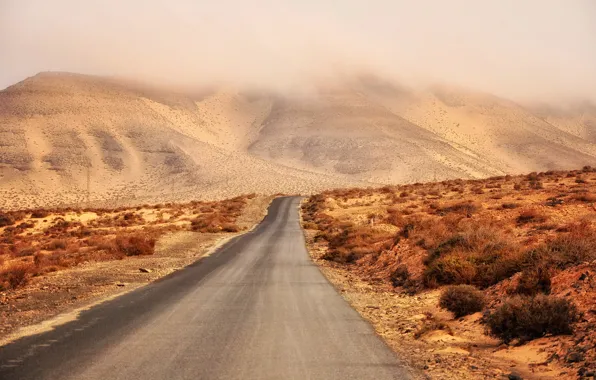 Road, desert, clouds, mountain, dry, power line