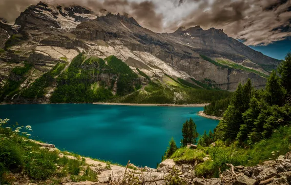 Forest, clouds, trees, mountains, lake, stones, rocks, Switzerland