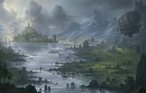 Mountains, river, castle, valley, art, the airship