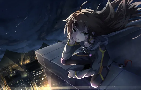 Roof, the sky, girl, stars, night, the city, lights, building