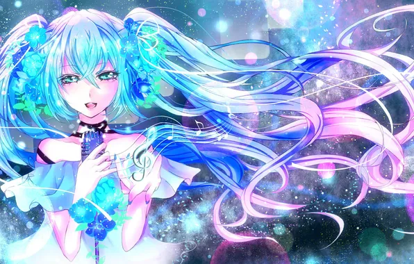 Girl, flowers, abstraction, notes, microphone, vocaloid, hatsune miku, treble clef