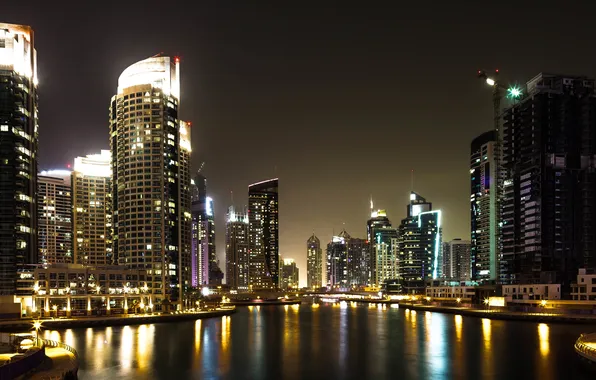 Water, night, lights, Marina, promenade, skyscrapers, United Arab Emirates, Dubai Marina