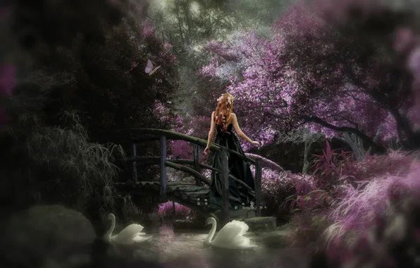 Picture girl, trees, flowers, lake, pond, rendering, branch, back
