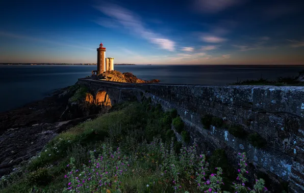 Road, sea, landscape, sunset, stones, shore, France, lighthouse