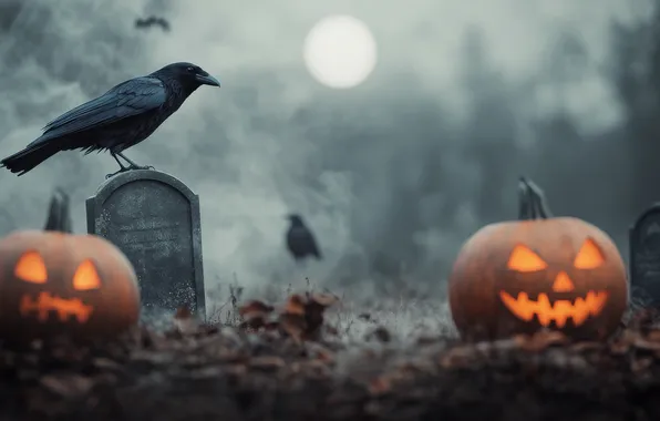 Autumn, night, lights, fog, holiday, the moon, cemetery, pumpkin