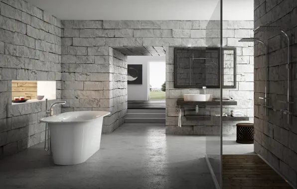 Design, grey, interior, brick, bath, bathroom