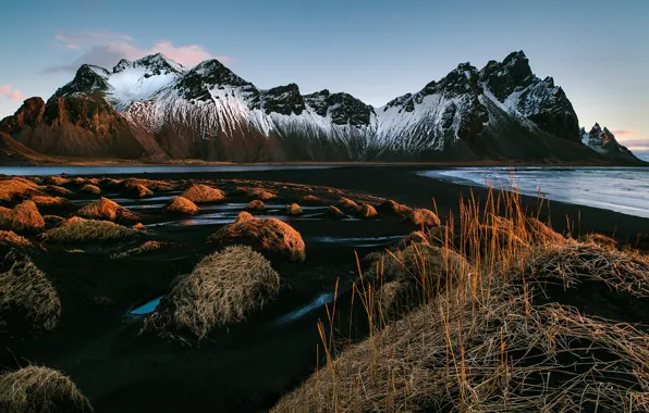 The sky, grass, mountains, morning, Iceland, the first rays, Vestrahorn, Stockksness