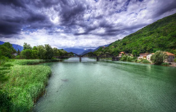 Greens, summer, the sky, clouds, mountains, bridge, river, HDR