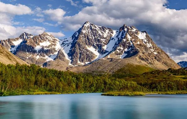 Forest, mountains, lake, Norway, Norway, Troms, Lyngen Alps, Troms county