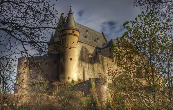 The sky, clouds, trees, branches, castle, wall, tower, Luxembourg