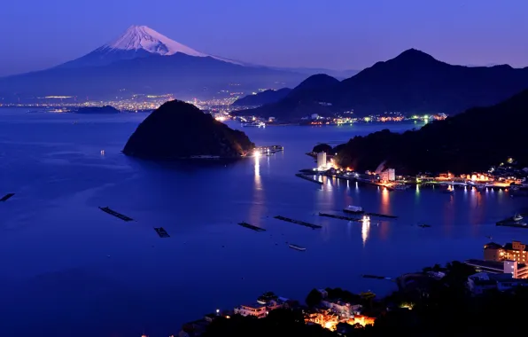 Snow, night, the city, lights, mountain, Japan, Fuji