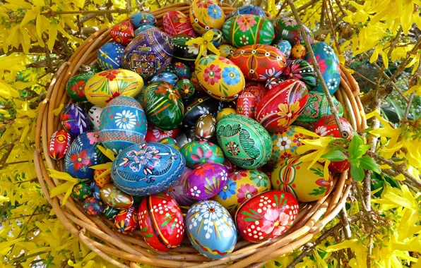 Picture BACKGROUND, PATTERNS, FLOWERS, COLORED, BRANCHES, EASTER, BASKET, EGGS