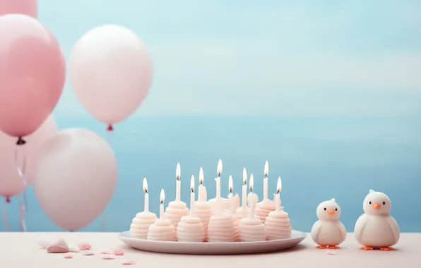 Balls, balloons, table, holiday, balls, toys, candles, penguins