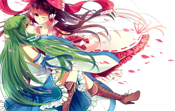 Girls, snake, anime, petals, art, bow, touhou, kochi have done the art