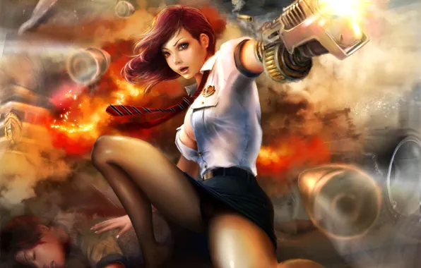 Girl, weapons, art, tie, shooting, bullets, shirt, Frankiew Yip