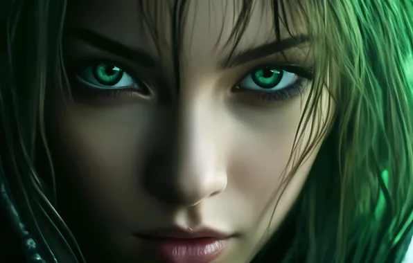 Girl, sweetheart, green eyes, green hair, ai art, the girl with the cat's eyes