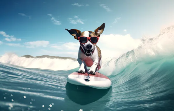 Picture Water, Dog, Smile, Summer, Wave, Surfing, Digital art, Sunny day