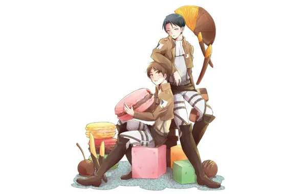 Food, anime, art, Sweets, guys, Shingeki no Kyojin, Eren, macaroon