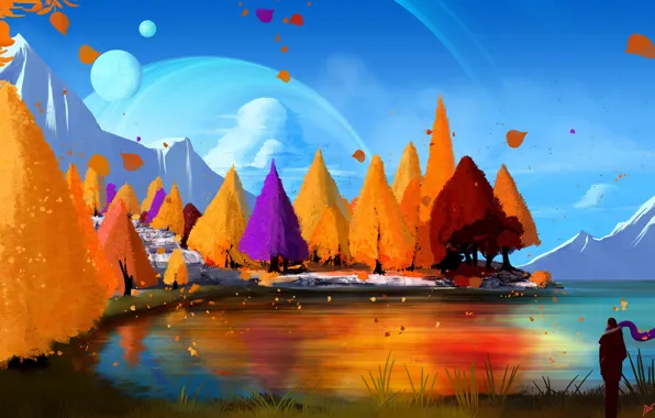 Figure, Autumn, Lake, Trees, People, Forest, Planet, Style