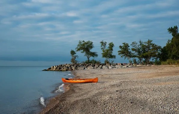 The sky, the sun, clouds, trees, clouds, lake, stones, shore