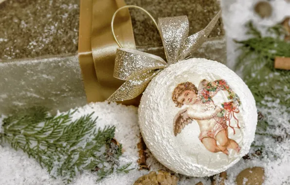 Frost, white, snow, branches, box, gift, ball, ball