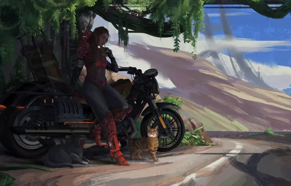 Girl, Figure, Cats, Motorcycle, Cats, AND BE, Jinheng LI, by Jinheng LI