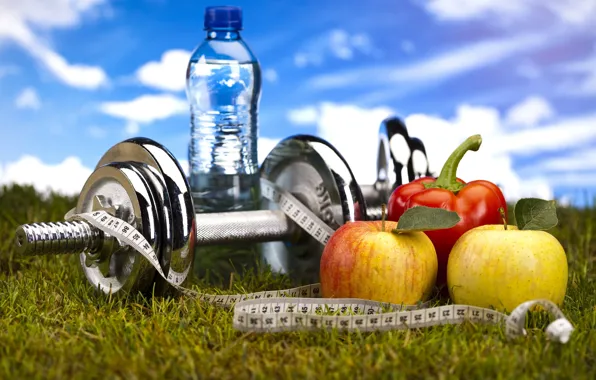 Water, sport, apples, bottle, fitness, dumbbells