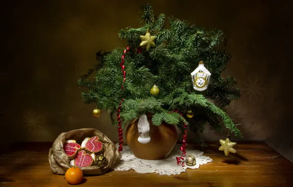 Picture decoration, branches, holiday, toys, new year, spruce, still life, bag