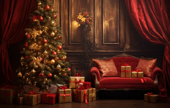 Picture decoration, room, sofa, balls, tree, interior, New Year, Christmas