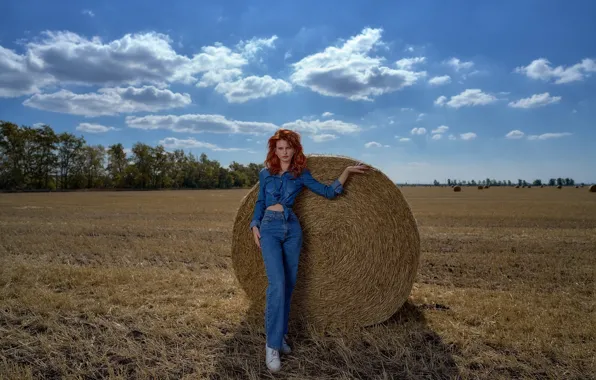Field, girl, pose, jeans, hay, red, shirt, redhead