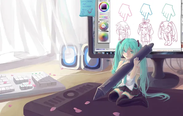 Picture computer, girl, anime, art, vocaloid, hatsune miku, luo tianyi