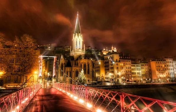 Night, bridge, lights, river, France, home, Lyon