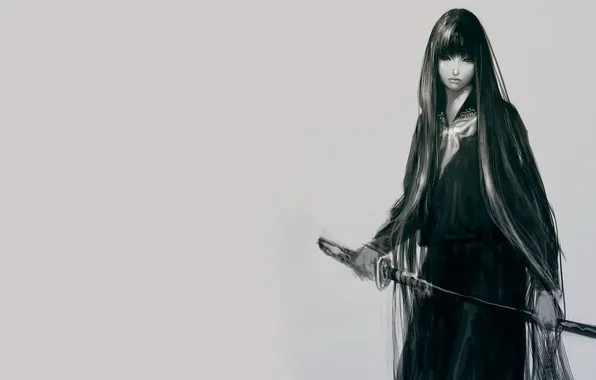 Girl, hair, warrior, art, sword, .anime, artist Masateru Ikeda