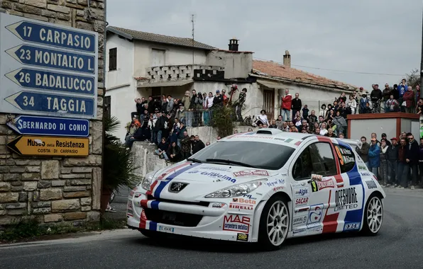 Picture The city, White, Street, People, Peugeot, WRC, Rally, Rally