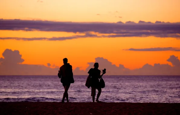 Clouds, landscape, people, the evening, silhouette, pair, photographer, glow