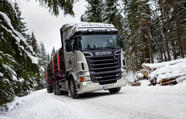 Snow, Forest, Truck, Scania, The truck, R730