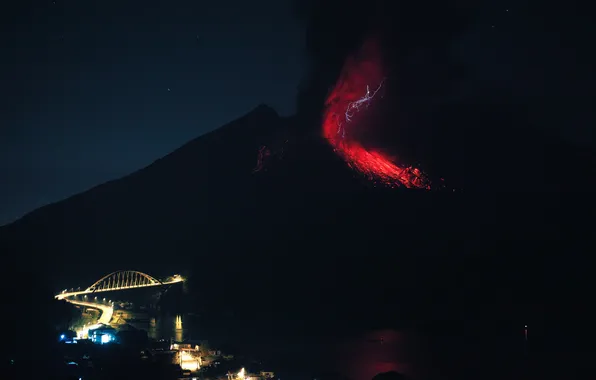 The city, fire, element, the volcano, the eruption, lava, Sakurajima
