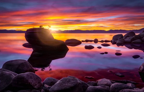 Sunset, rock, lake, stones, Lake Tahoe, Bonsai Rock