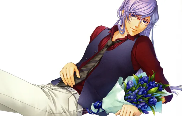 Picture tie, a bouquet of flowers, long hair, vest, visual novel, reclining, the guy with the …