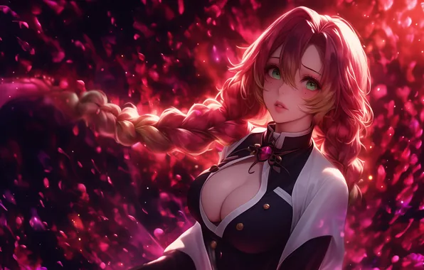 Pink, art, blade, demon slayer, the blade cleaves demons, Mitsuri Kanroji, art +18, Mitsuri