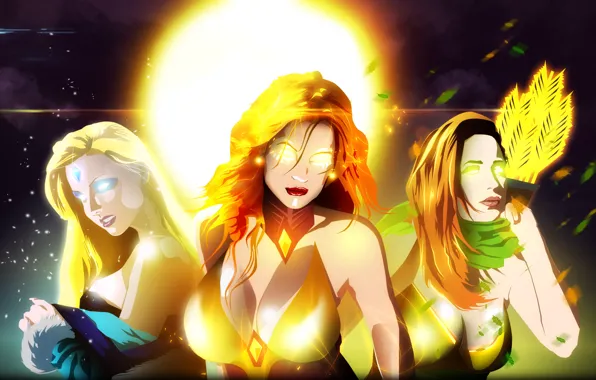 Girl, flame, magic, sparks, arrows, Valve, Crystal Maiden, Lina Inverse